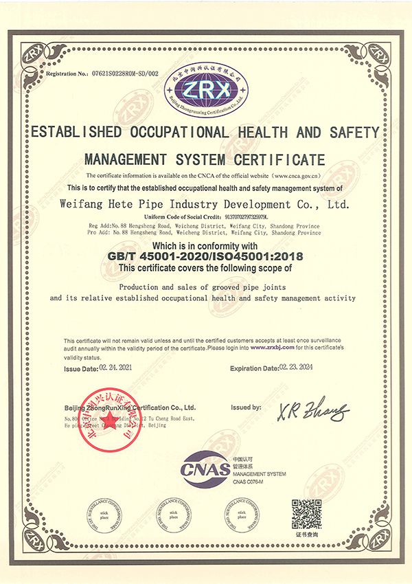 Established occupational health and safety management system certificate