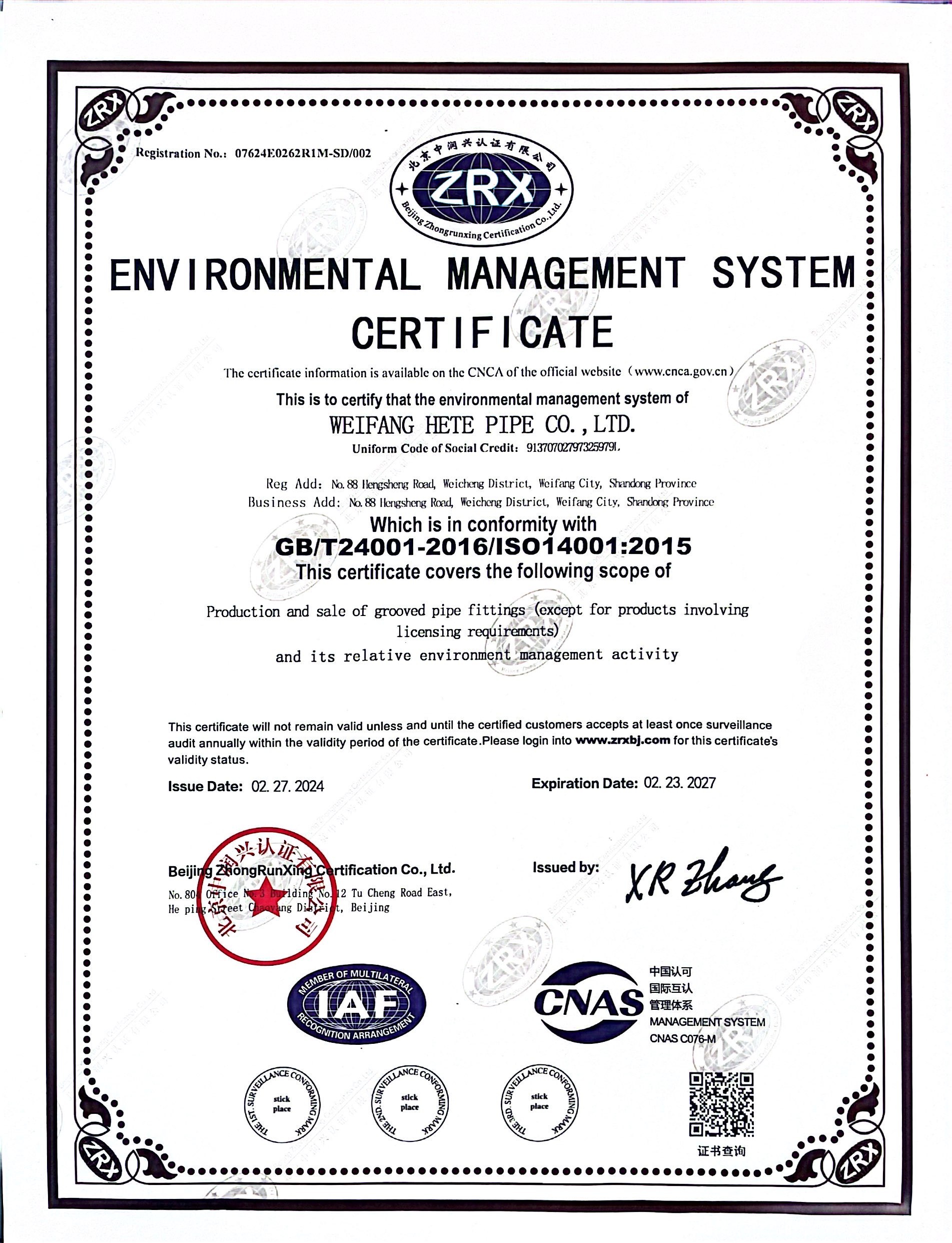 Environmentalmanagement System Certificate